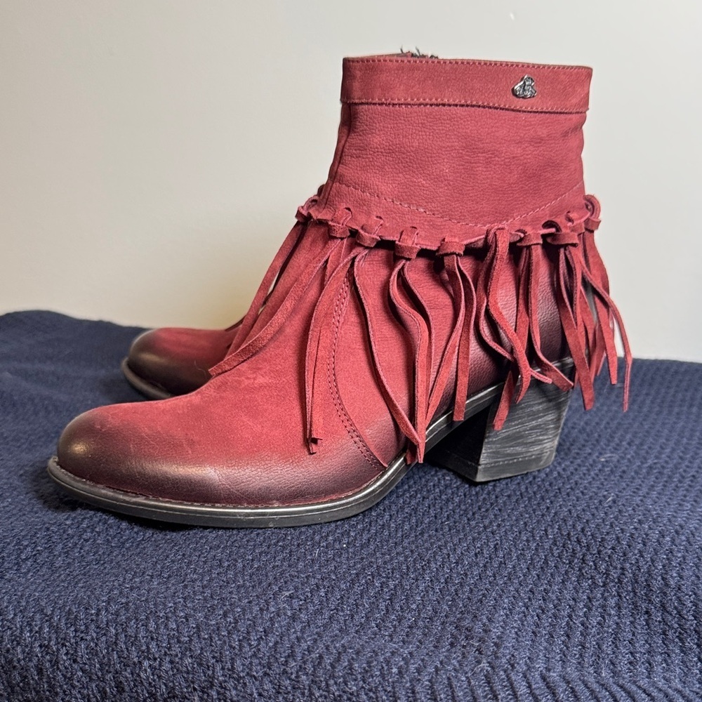 Fringe Suede Ankle Booties in Wine Red
